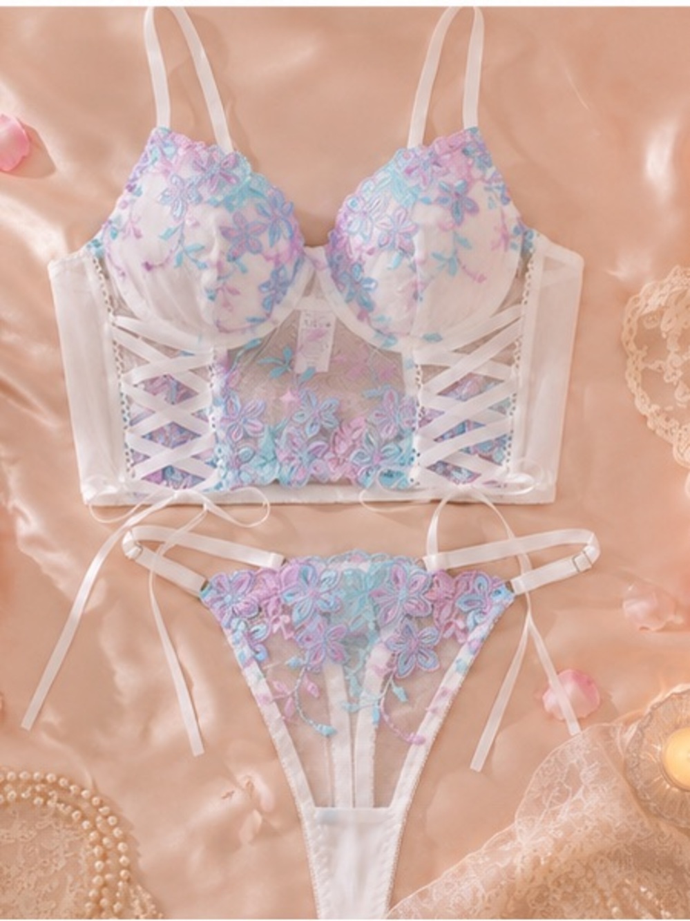 Floral Lace Embroidered Bralette & Thong Set - White with Pastel Blue & Lilac